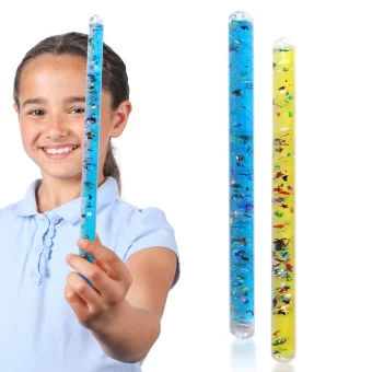 Playlearn's exclusive ABC & number glitter wands. Designed for safety & durability - shatter proof, non-toxic & without glass. Extra thick hold.