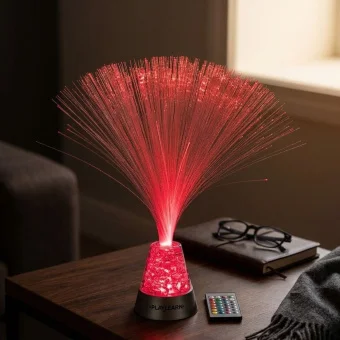 Playlearn affordable 14" led fiber optic lamp.  Remote included. Designed with thin fibers that create a mesmerizing effect. USB or battery-powered.