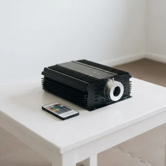 Playlearn's 45-watt power output Fiber Optic light source with a remote control that emits vibrant colors. Durable, sleek black design and no sharp edges. 