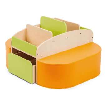 Playlearn's Library Unit with Book Storage and Orange Soft Seating made from laminated chipboard and birchwood. Durable, non-toxic and kid-friendly design.