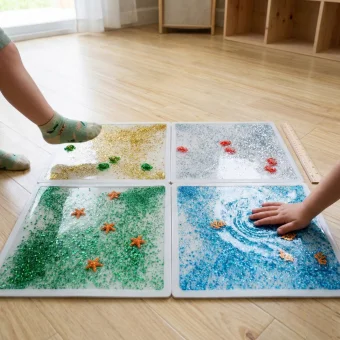 Aquarium Liquid Floor Tiles - 4 pack colorful and mesmerizing liquid-filled tiles resembling an underwater aquarium scene. | Playlearn