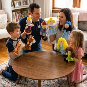 Playlearn's Hand Puppet Set with Storage Bag enhances emotional intelligence and social skills. High-quality, durable, soft, and kid-friendly materials.